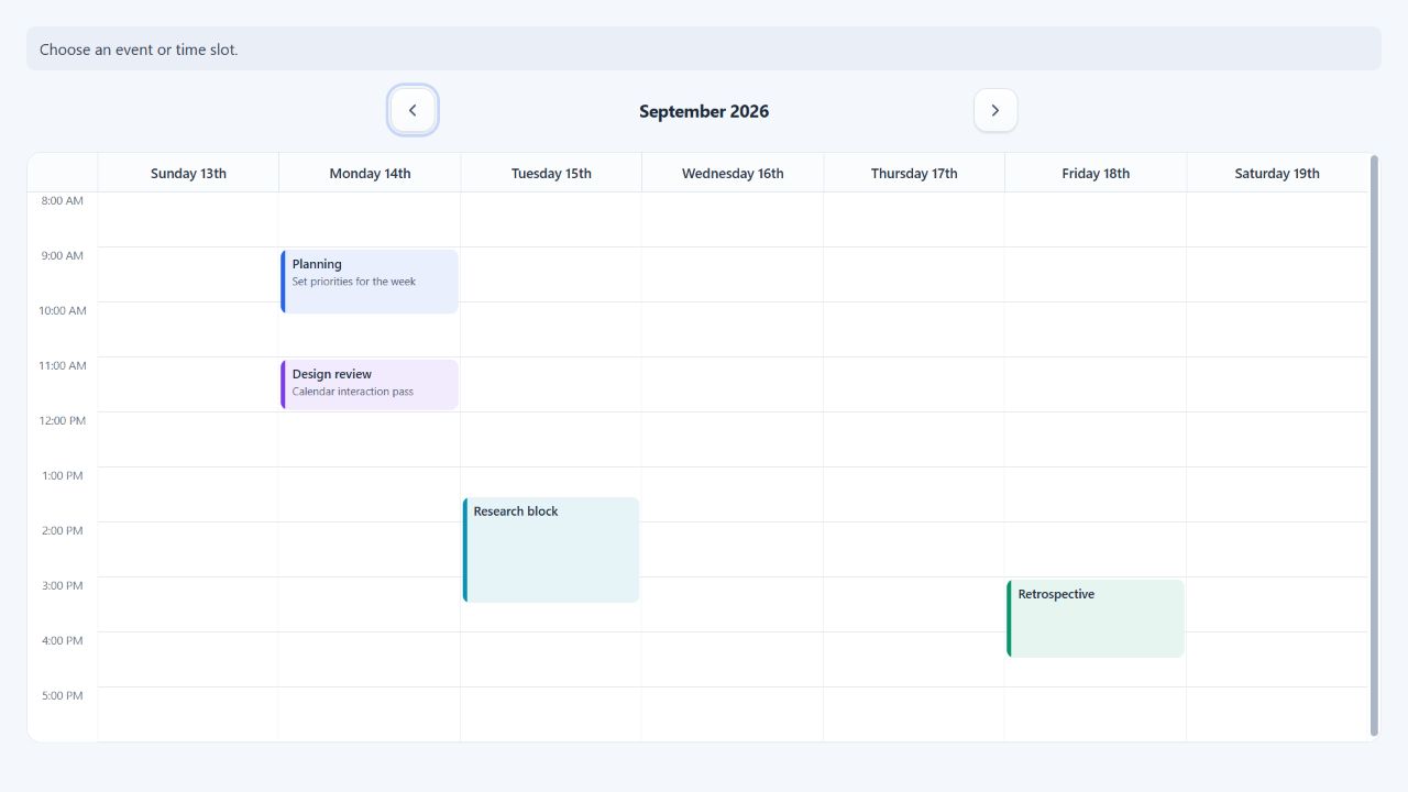 A week view with visible keyboard focus on the previous-period control