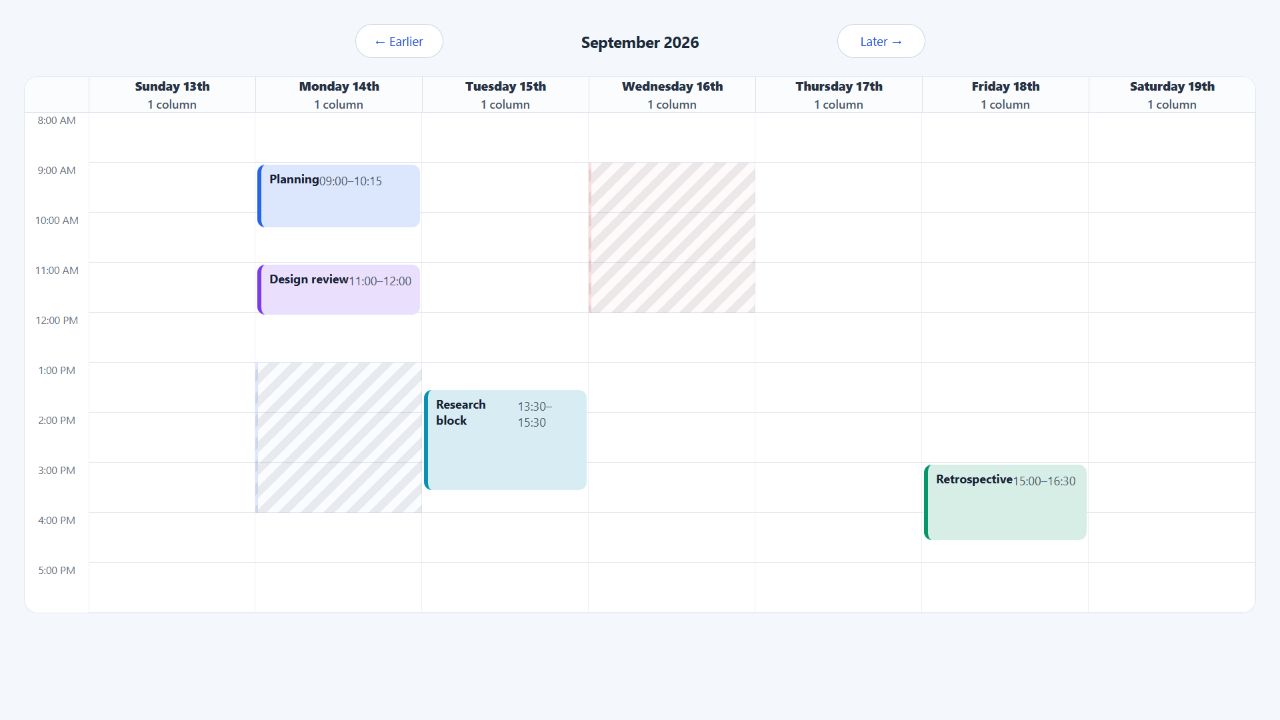 A week view using custom navigation, event, header, and background renderers