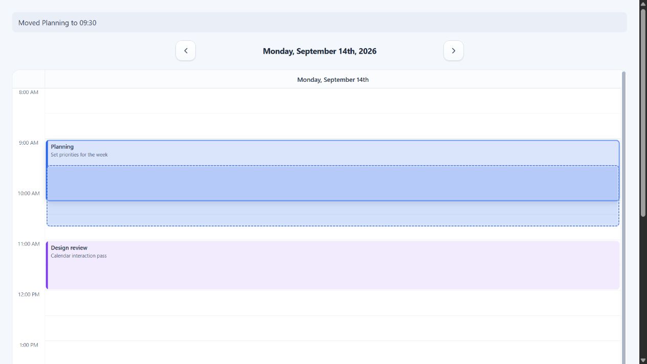 A focused event with its keyboard movement preview in the day view
