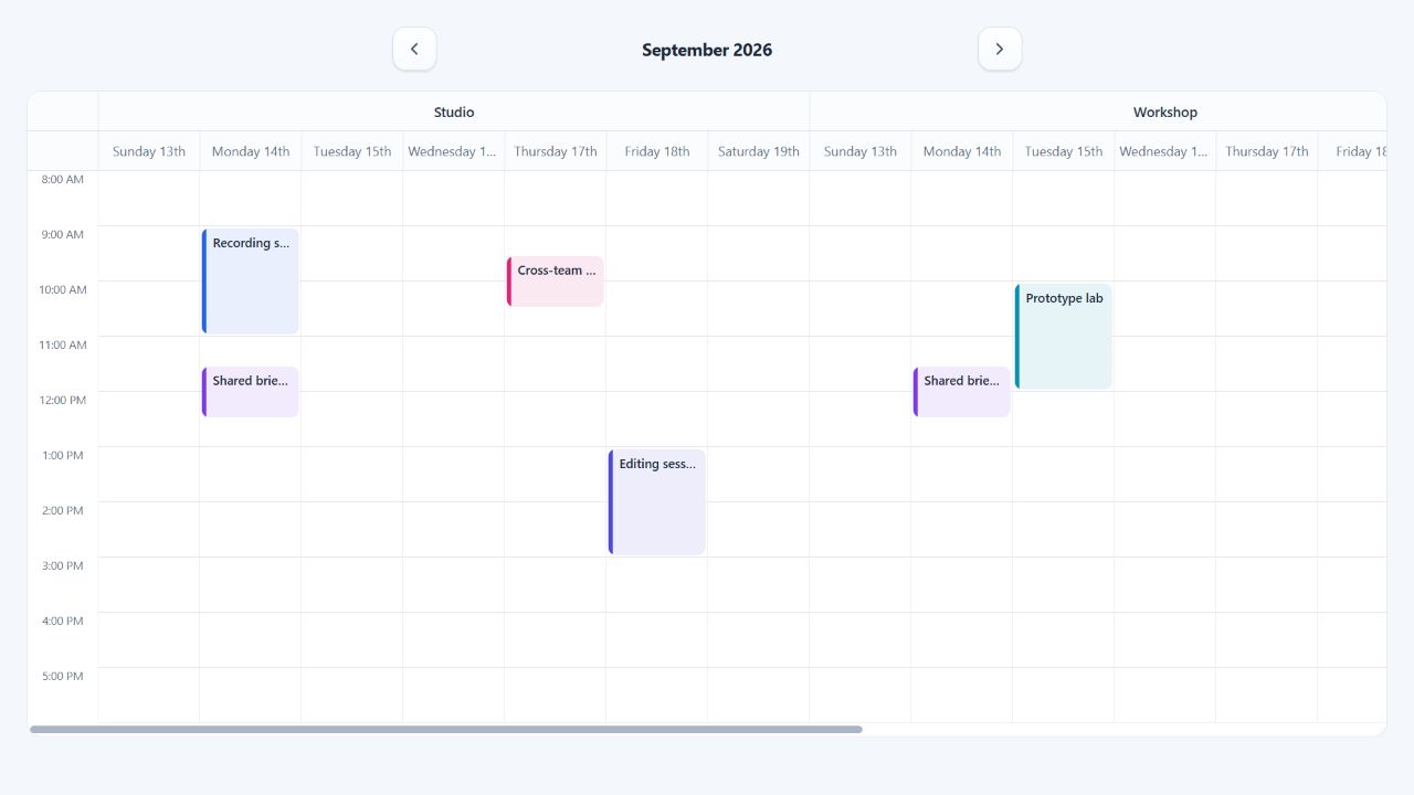 A week schedule grouped into Studio and Workshop resource columns